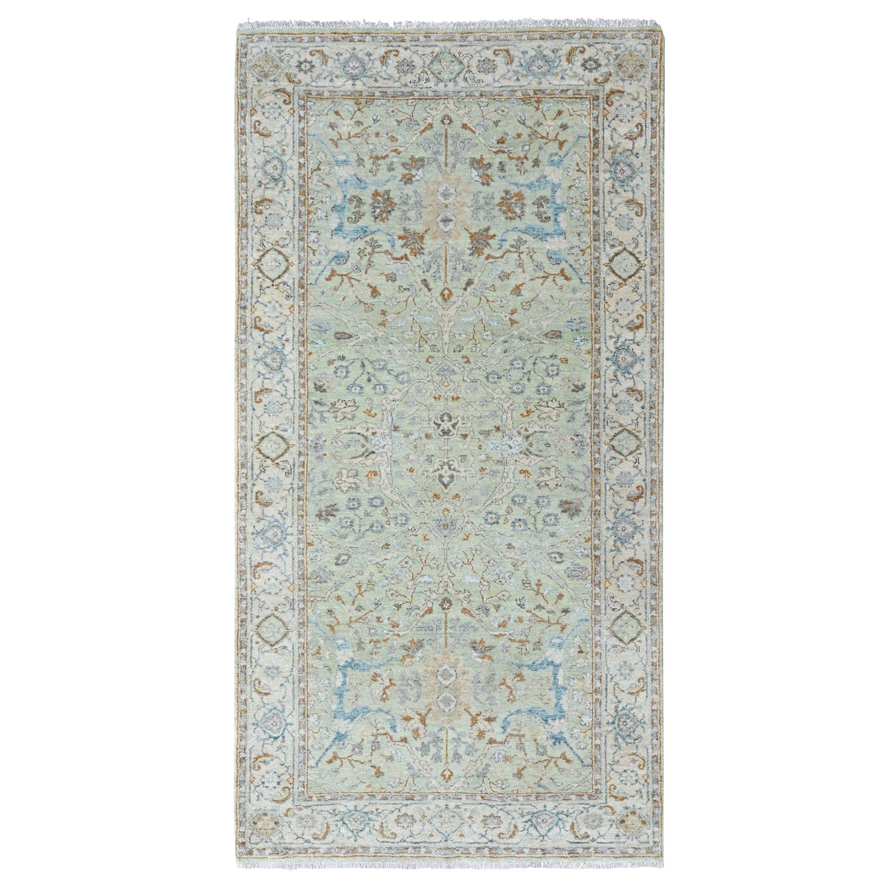 4'x8' Pistachio Green, Oushak with Floral Motifs, Hand Knotted, Pure Wool, Soft Pile, Denser Weave, Wide Runner, Oriental Rug 